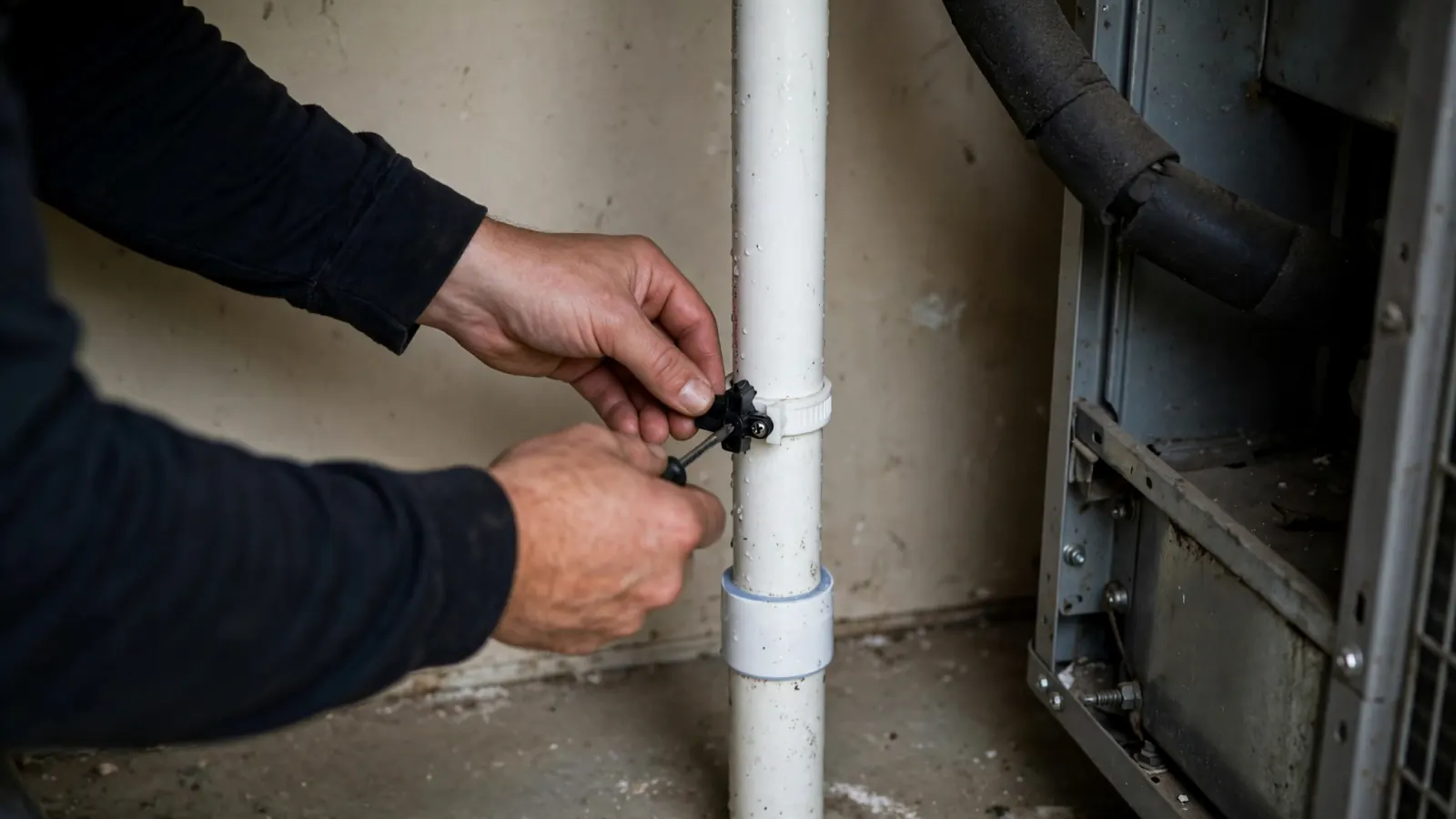 Hands disconnecting a PVC condensate drain line beside an air handler