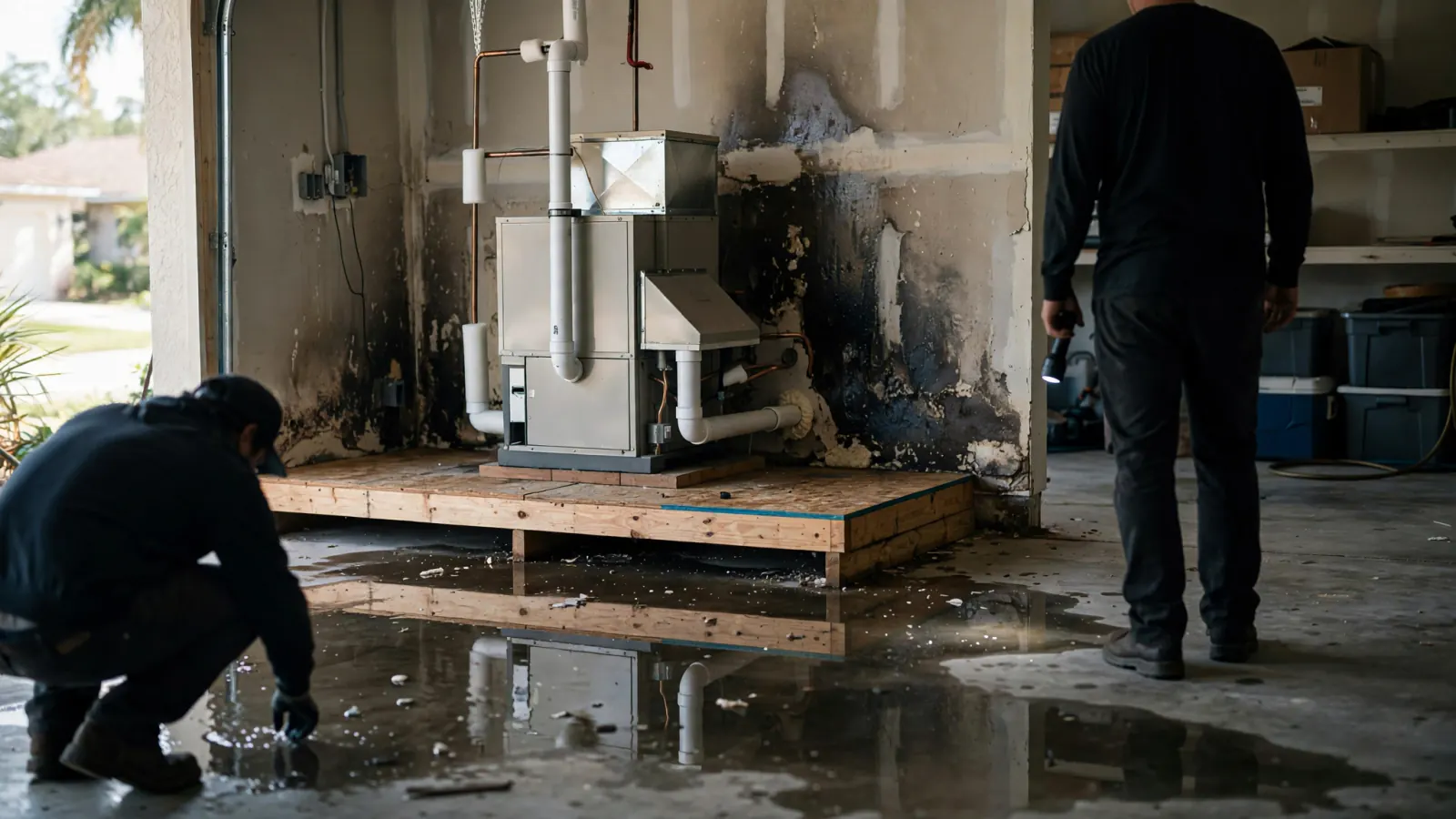 Technicians cleaning up water around an air handler platform in a garage