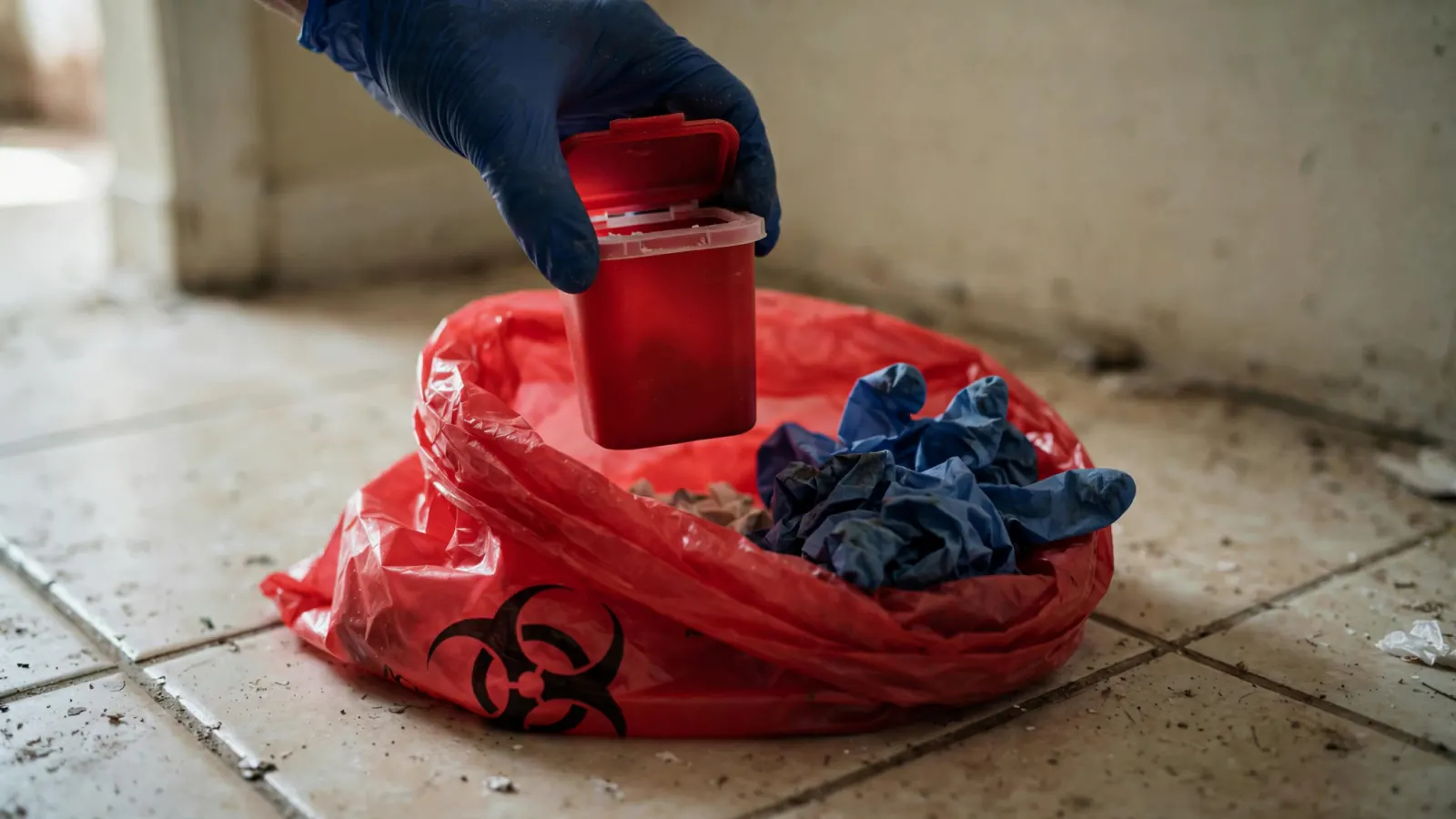 Gloved hand placing a sealed sharps container into a red biohazard bag