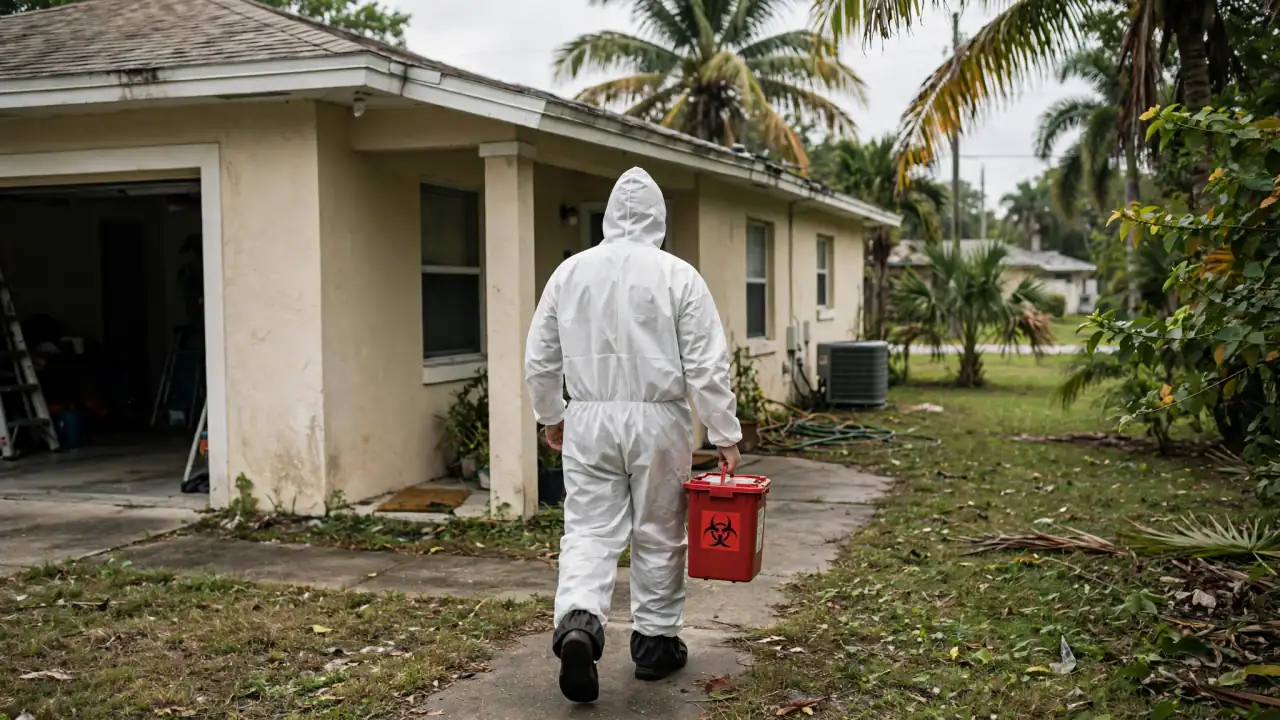 Technician in a protective suit carrying a sealed red container to a home