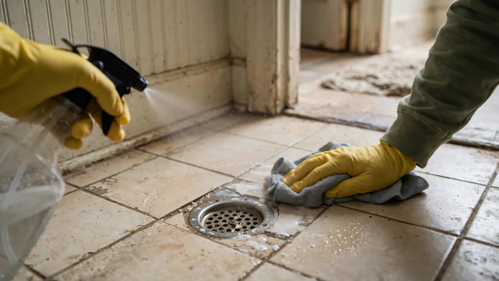 Gloved hands disinfecting tile around a bathroom floor drain