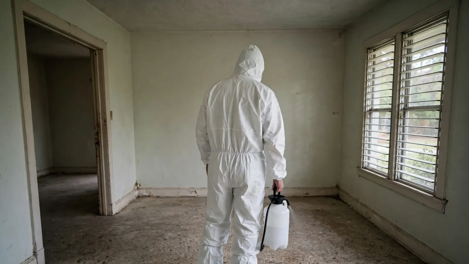 Technician with a pump sprayer in an emptied room with a terrazzo floor