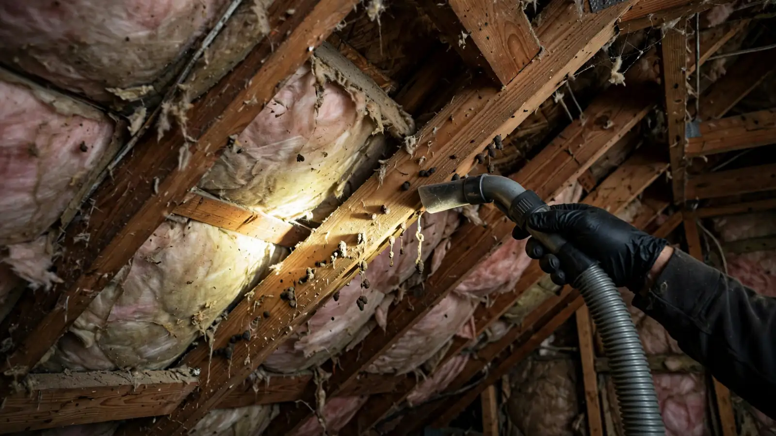HEPA vacuum hose cleaning rodent droppings from attic trusses