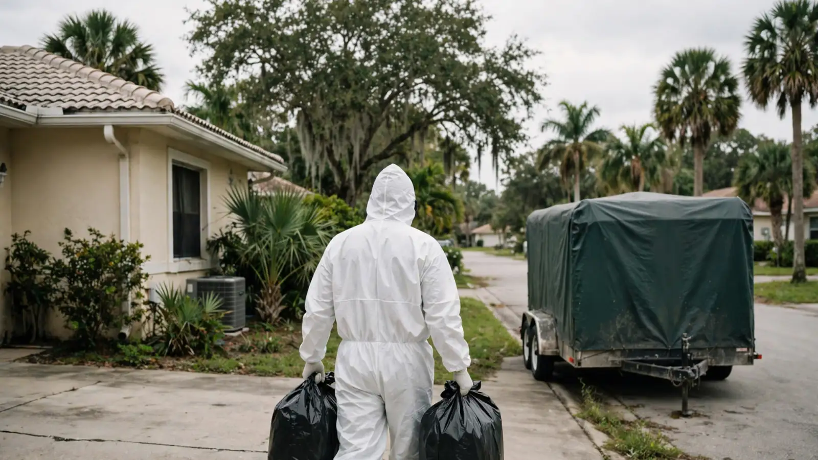 Technician carrying sealed bags from a tile-roof home to a covered trailer