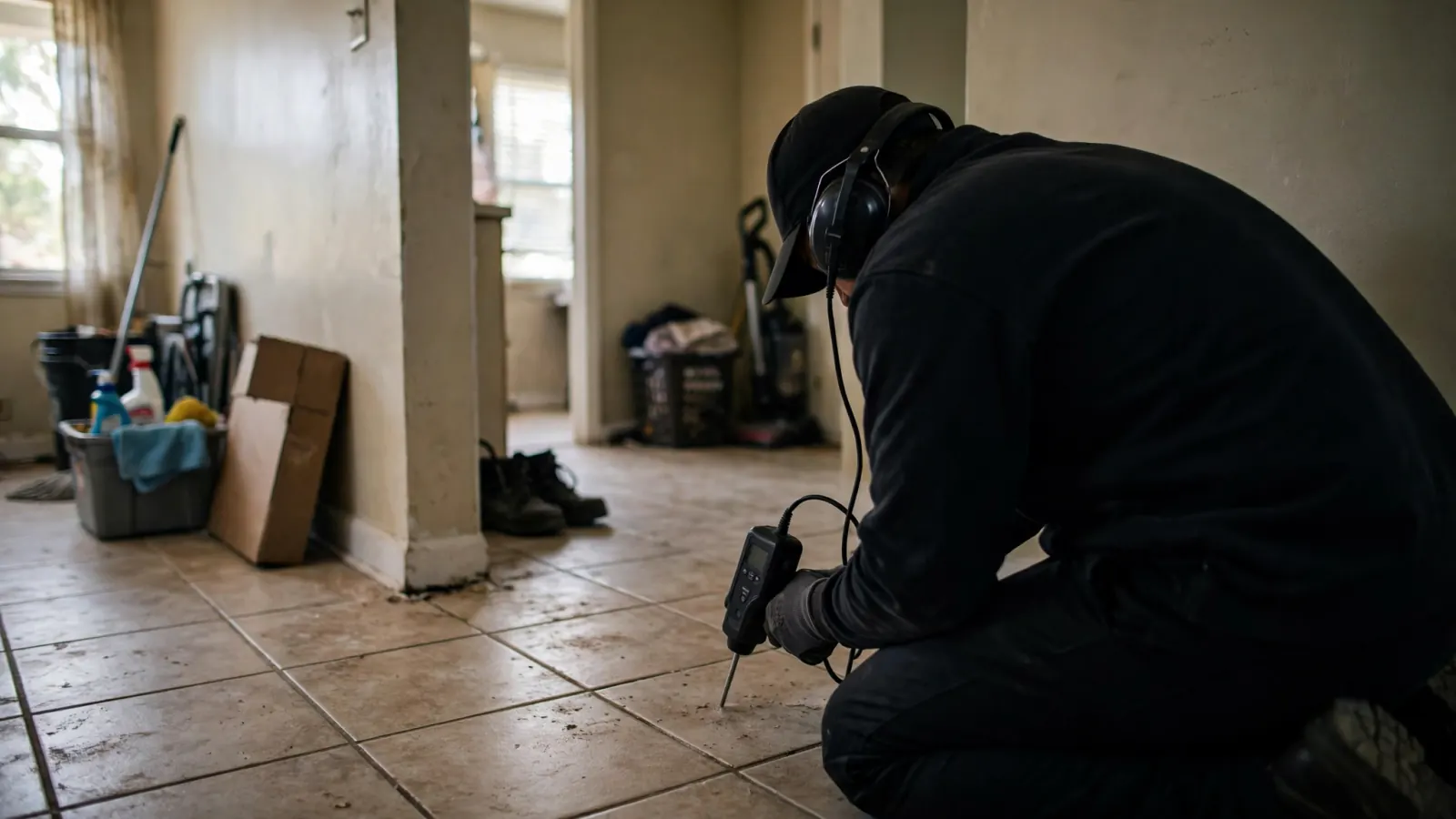 Technician using a moisture meter on a wet tile floor