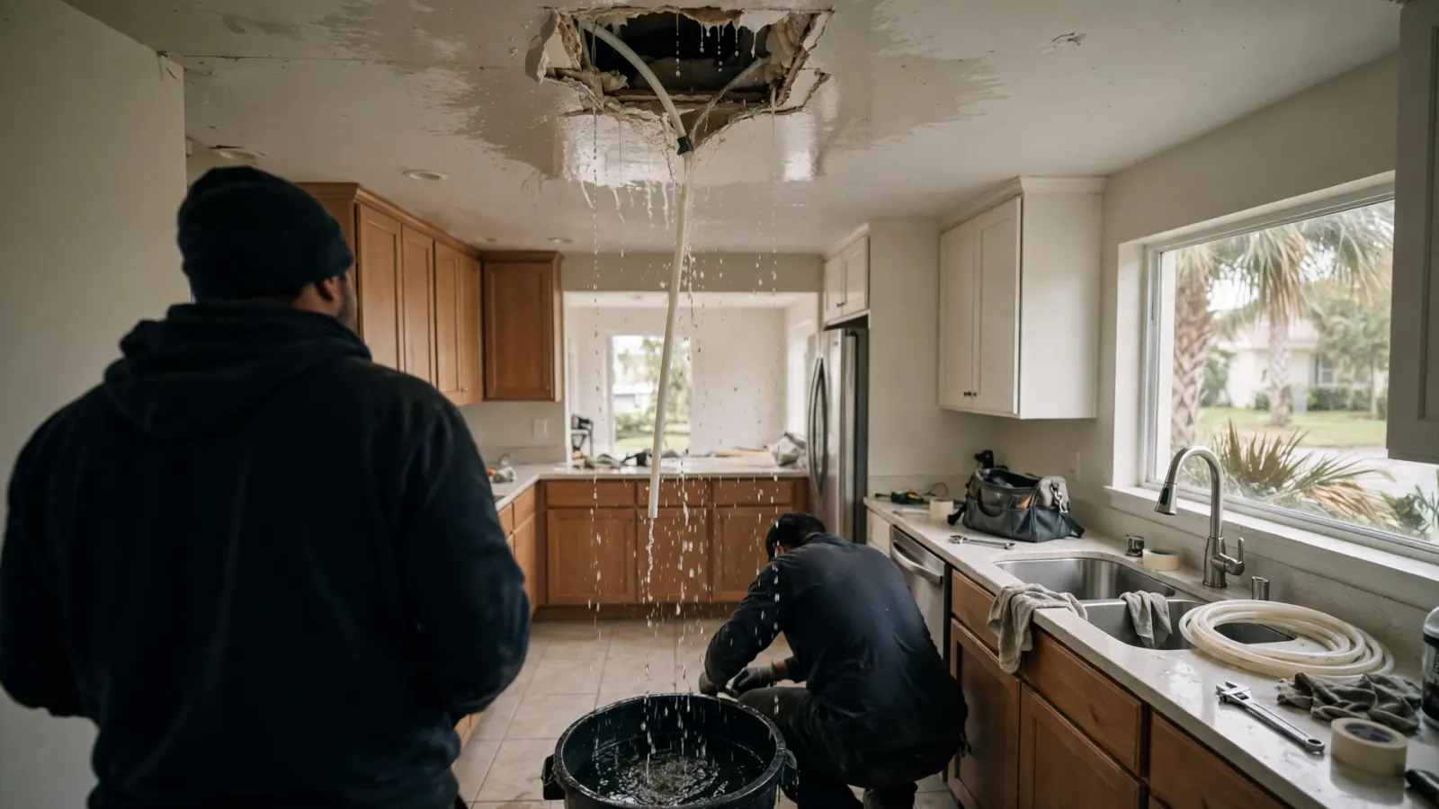 Water pouring from an opened kitchen ceiling into a bin
