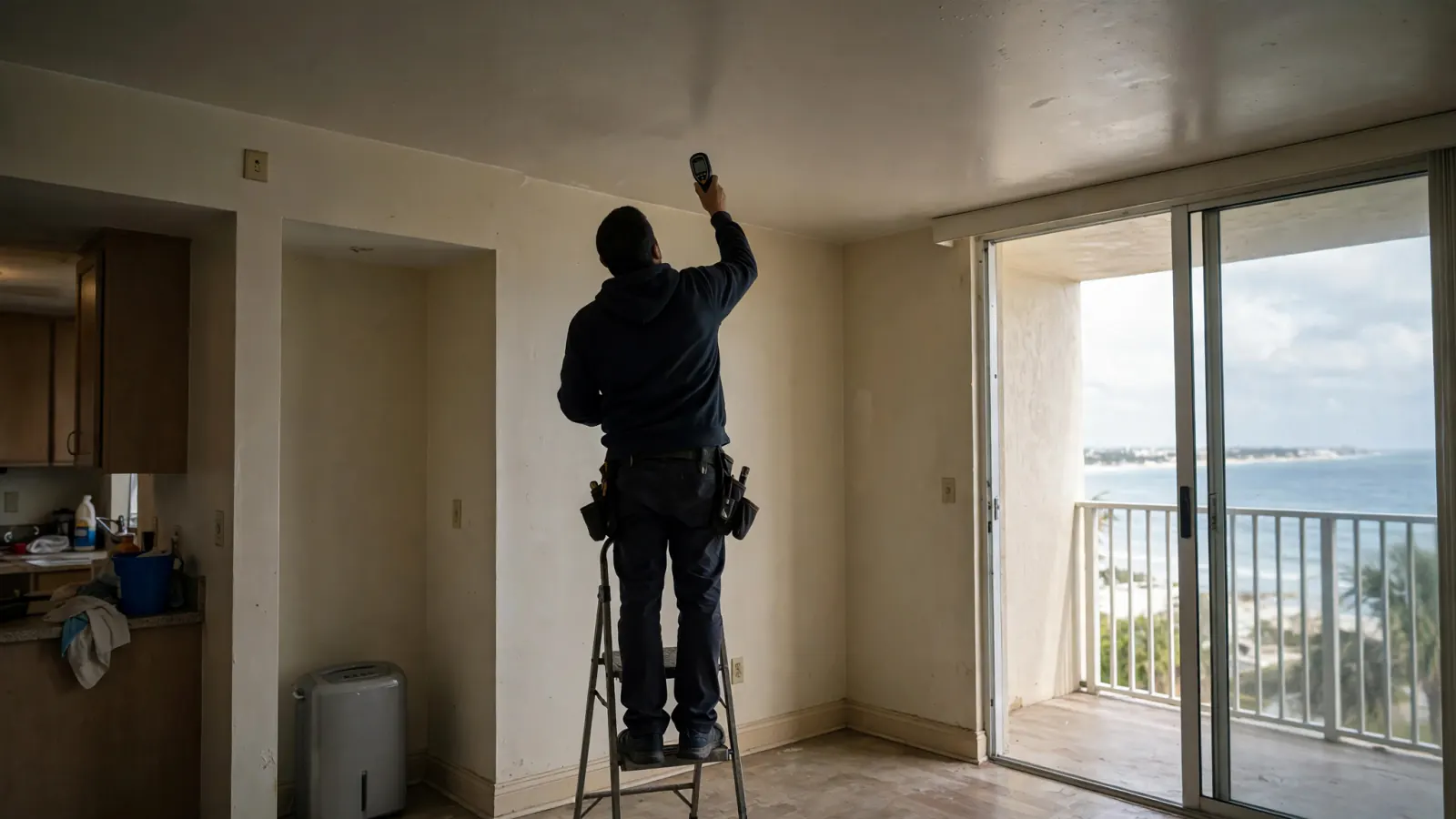 Technician on a stepladder checking a water-stained condo ceiling