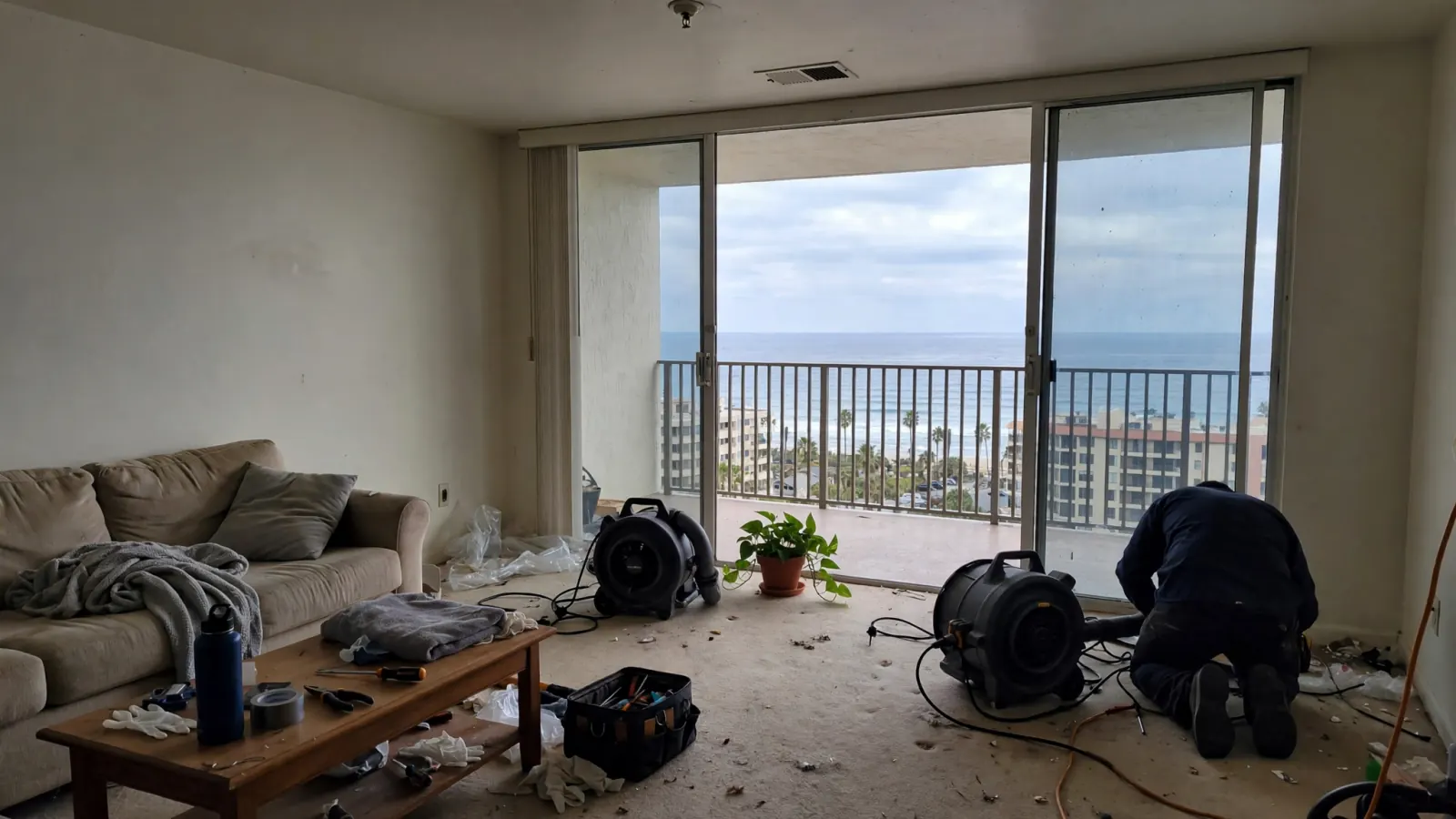 Restoration crew setting up drying equipment in an oceanfront condo