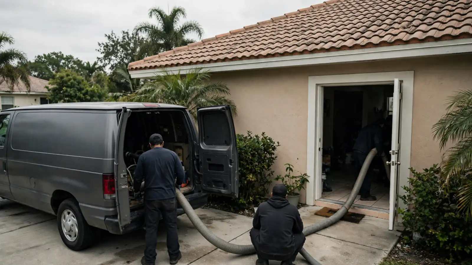Crew running an extraction hose from a van into a home