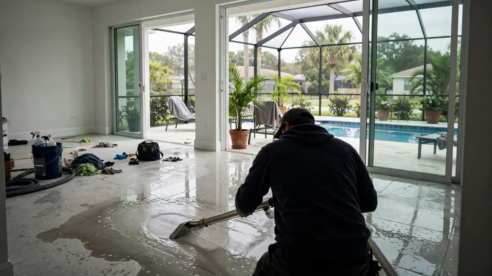 Technician squeegeeing water across tile beside a screened pool lanai