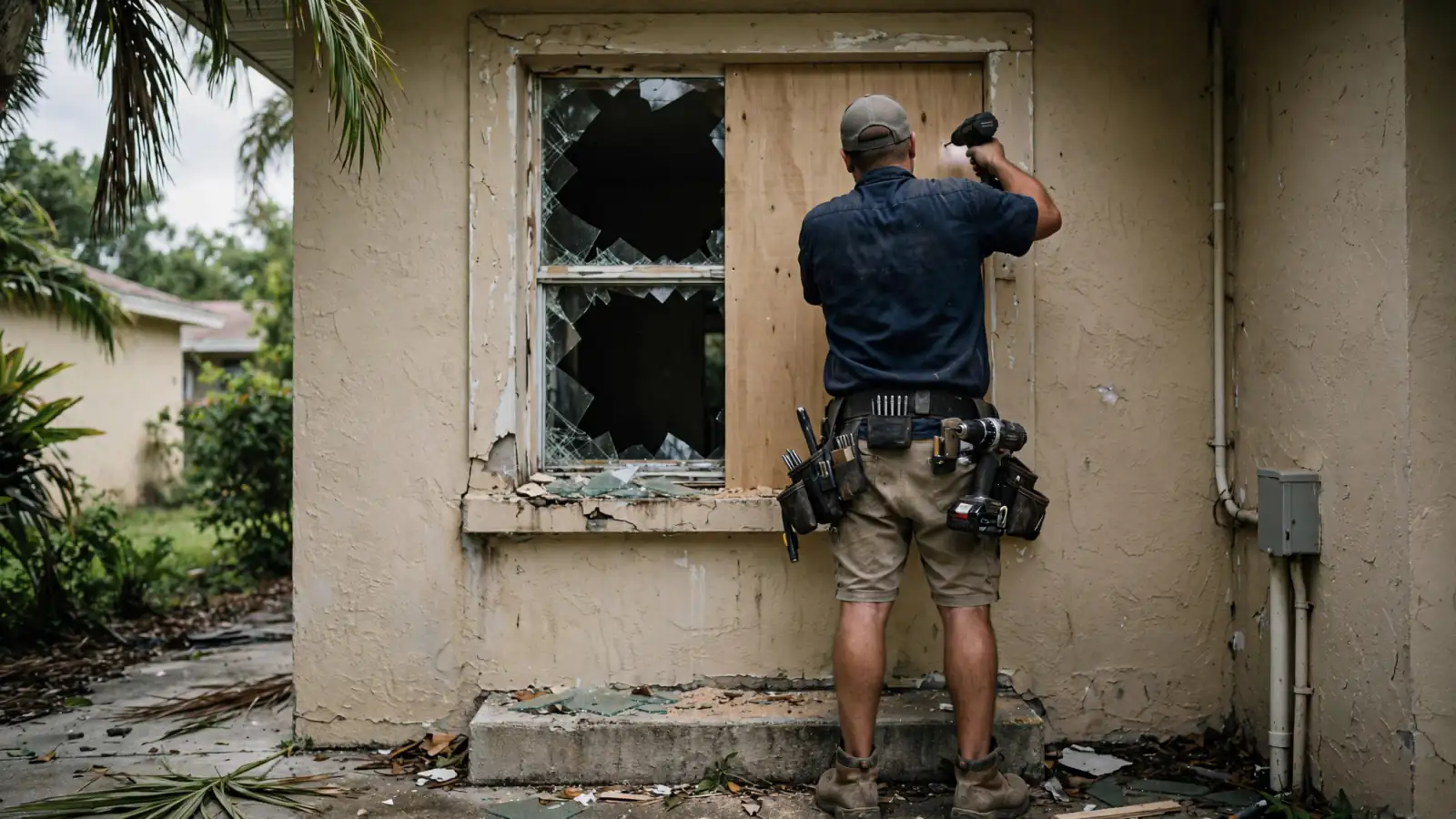 Worker screwing plywood over a broken window on a fire-damaged home