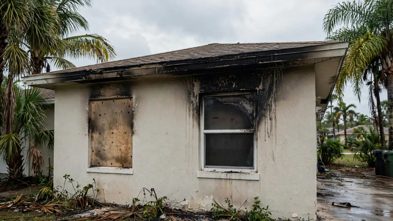 Stucco home with soot above a boarded window after a house fire