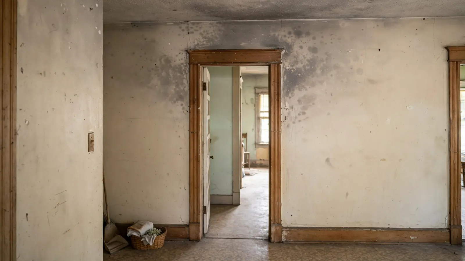 Smoke-stained plaster walls and textured ceiling around a doorway in an older home
