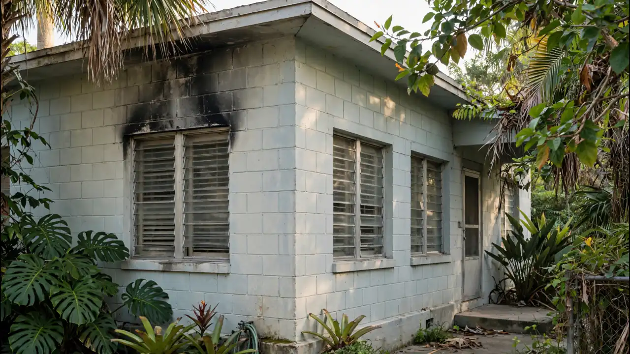 1950s block home with jalousie windows and smoke staining above a window