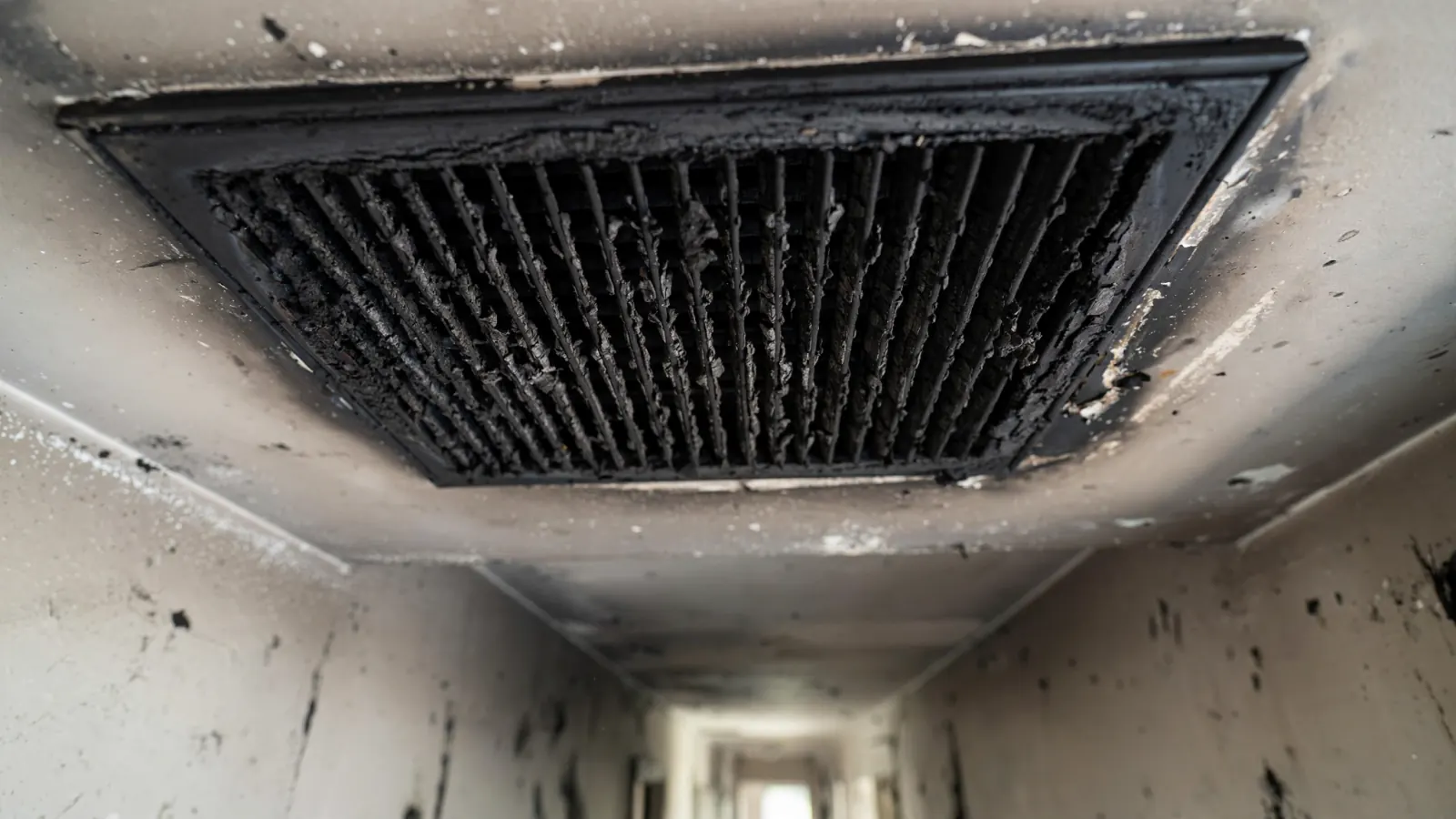 Soot-coated AC return grille in a hallway ceiling