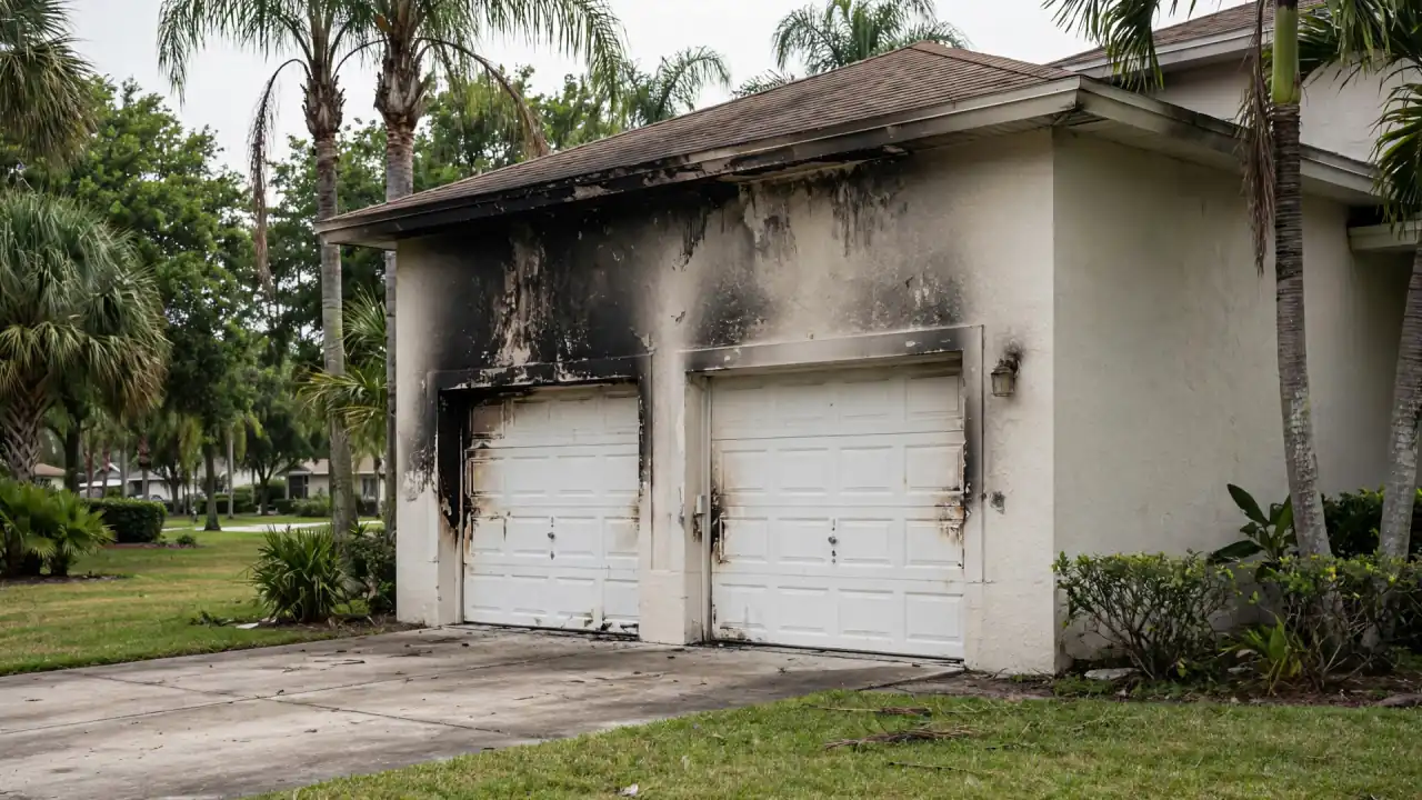 Smoke staining around the doors of a two-car attached garage