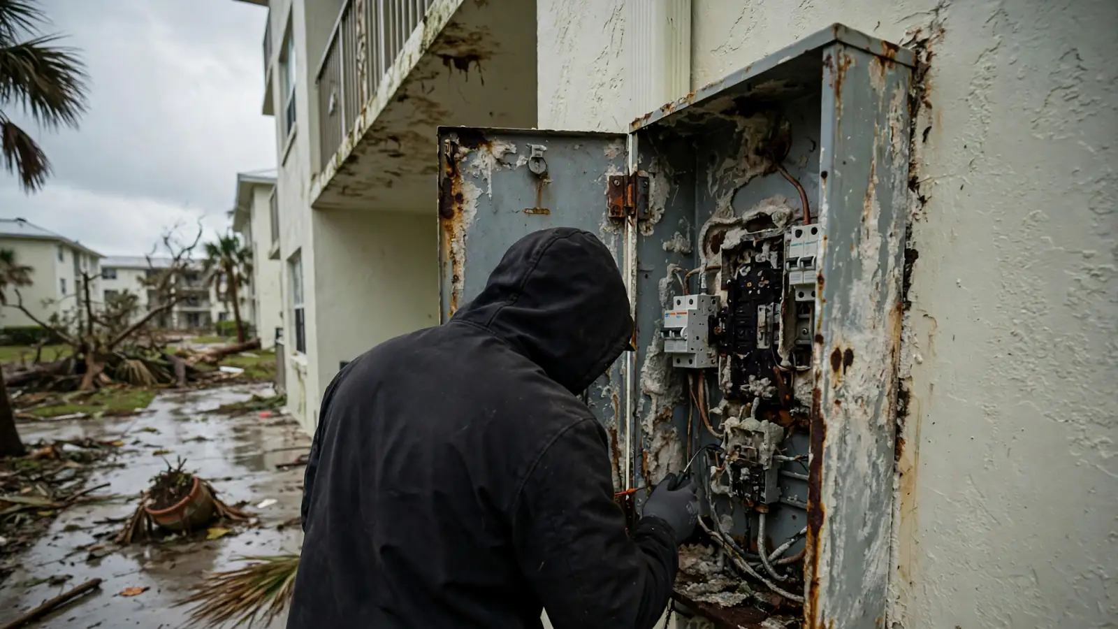 Worker inspecting a corroded, salt-crusted outdoor electrical panel
