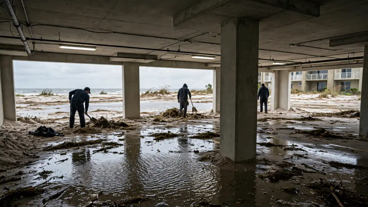 Crew clearing mud and debris from a flooded oceanfront condo garage