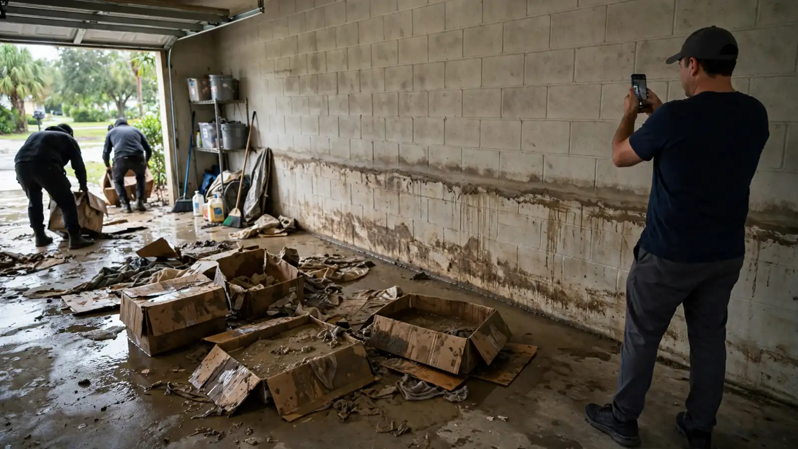 Homeowner photographing flood-damaged boxes in a garage while a crew clears debris