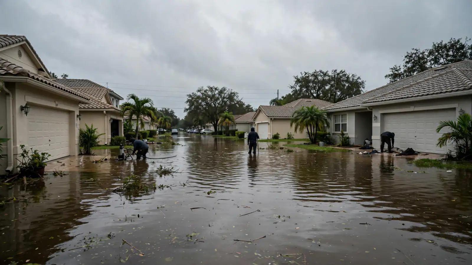 Flooded residential street with water up to the driveways