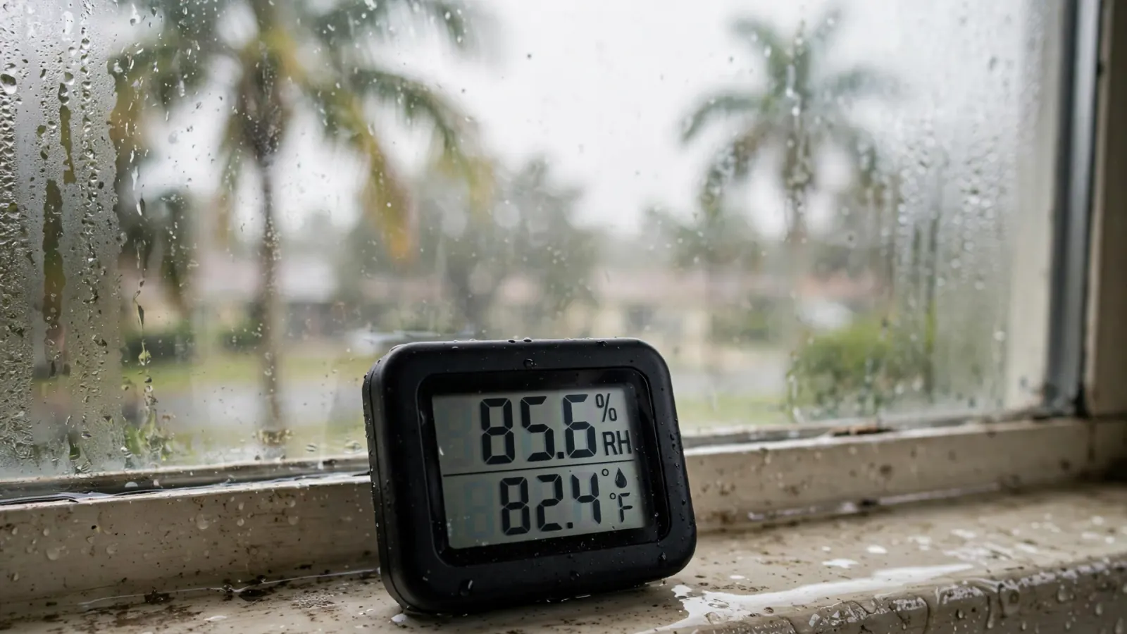 Digital hygrometer showing high humidity on a windowsill with condensation