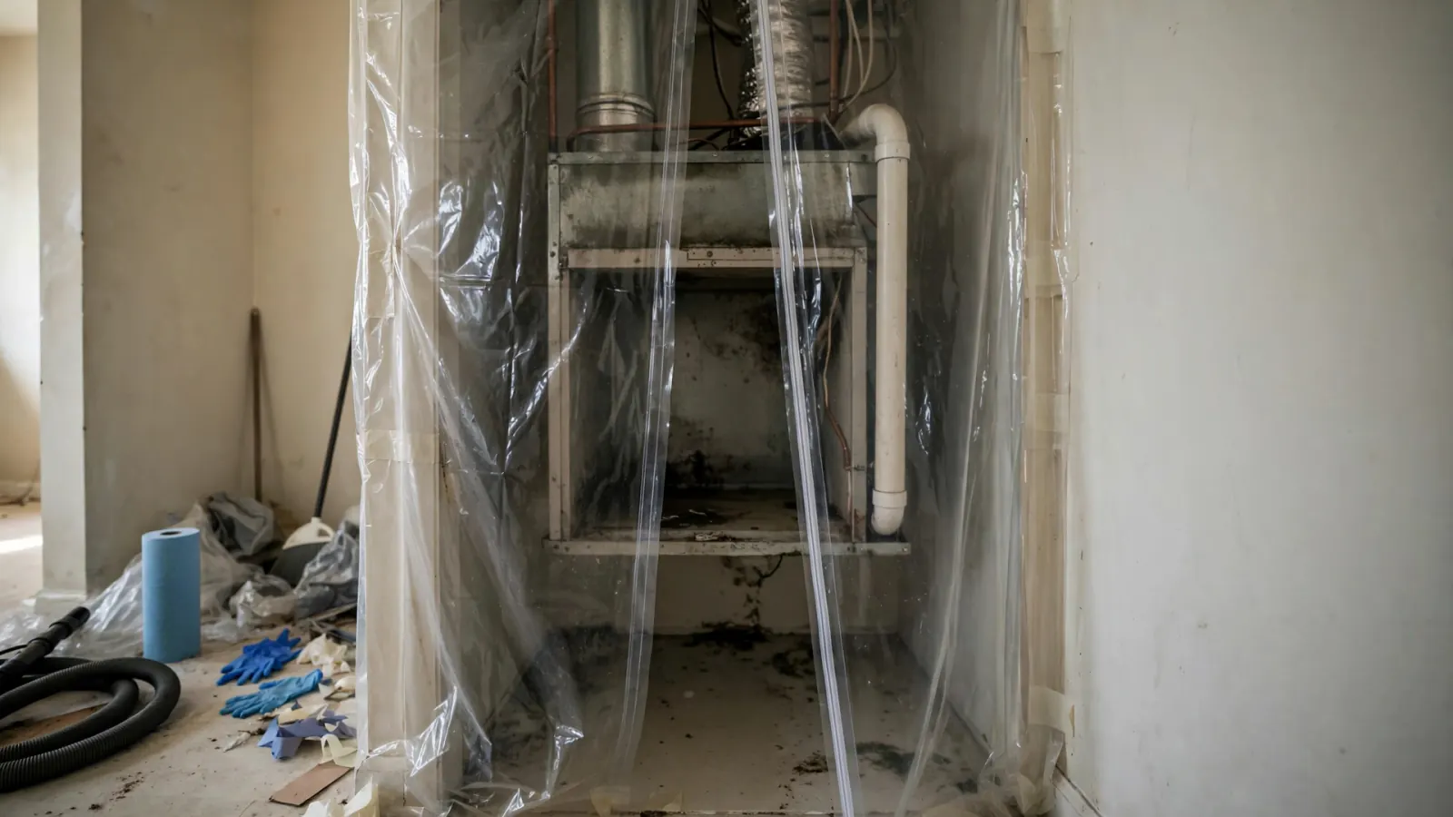AC air handler closet sealed with plastic containment for mold work