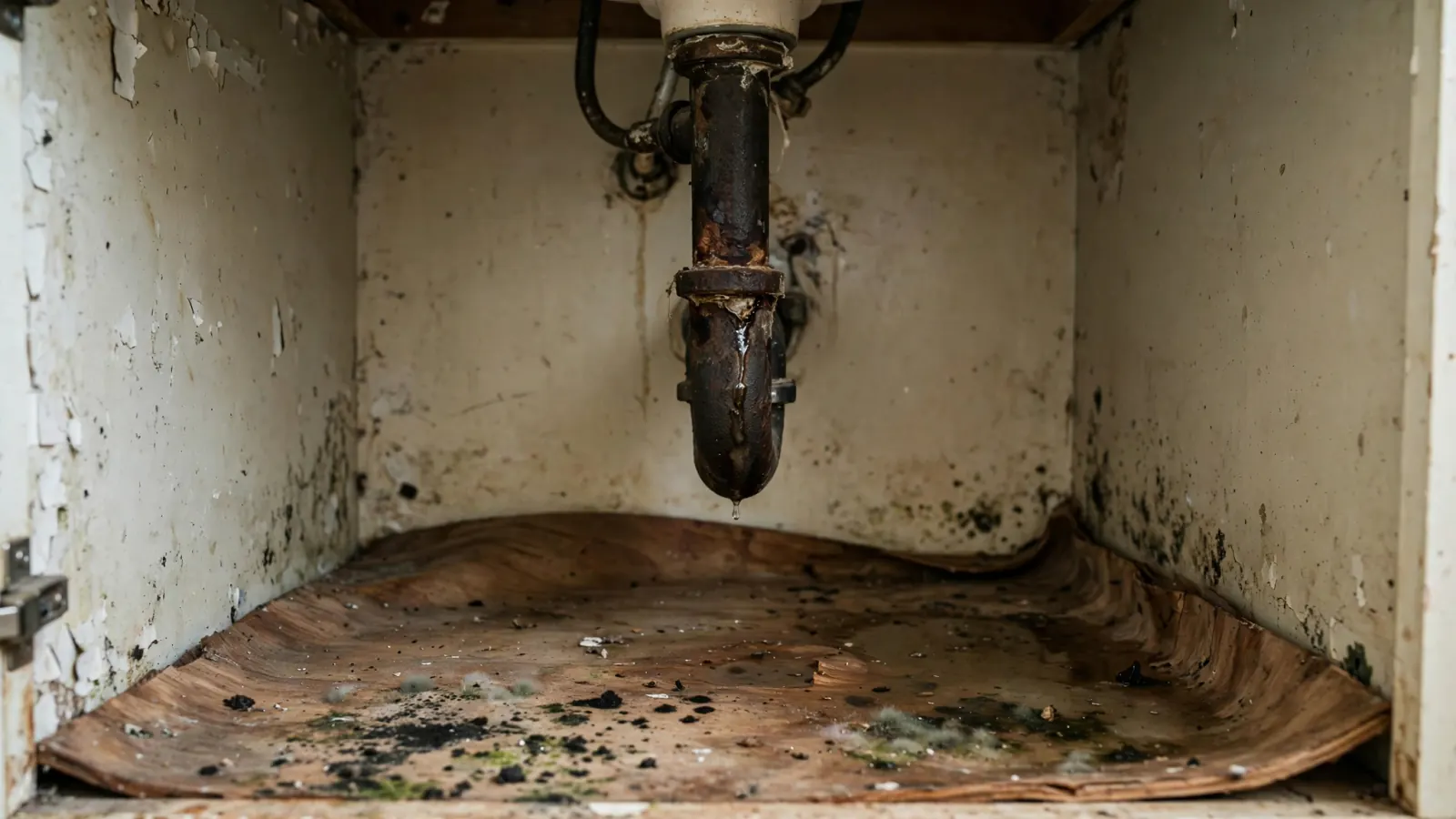 Swollen, moldy cabinet floor under a leaking cast-iron sink drain