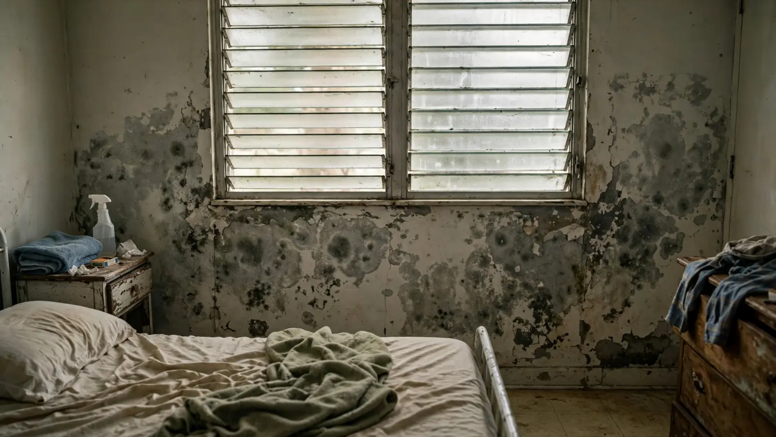 Mold spreading across a plaster bedroom wall beneath a jalousie window