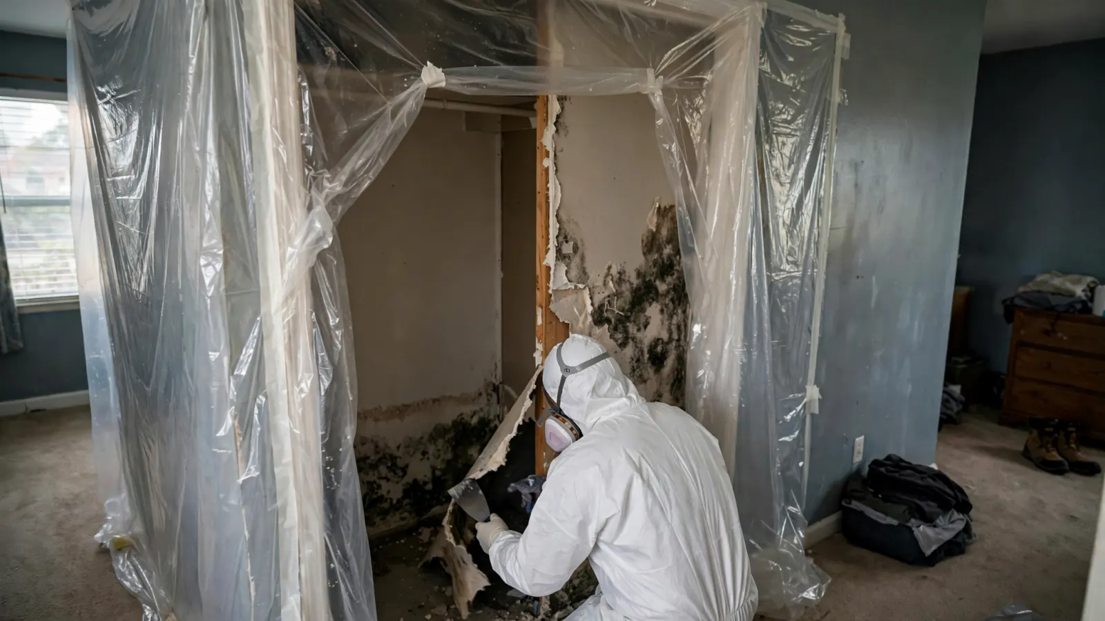 Worker in a protective suit removing moldy material inside containment