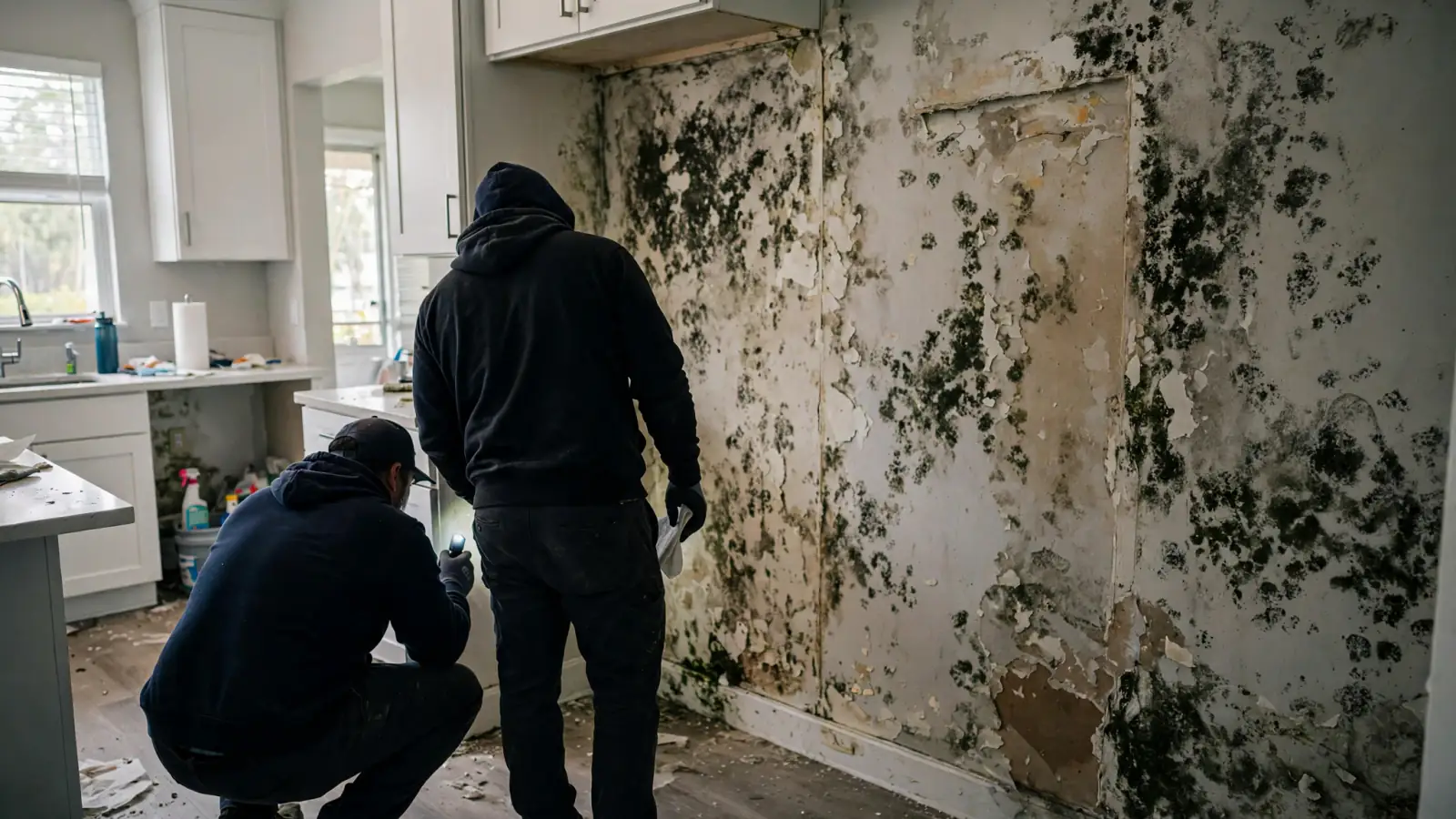 Technicians inspecting extensive mold across a kitchen wall