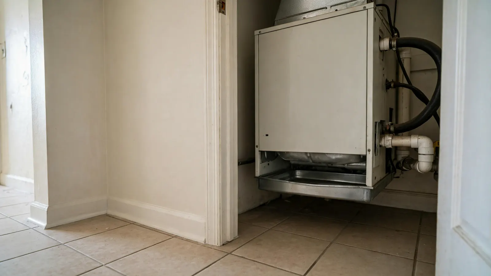 After: The same AC closet with repaired drywall and a dry floor