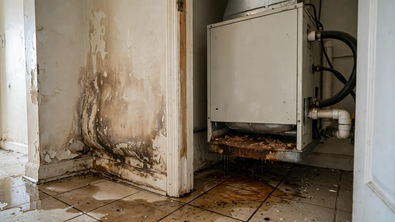Before: Water stains and mold on drywall below a leaking air handler