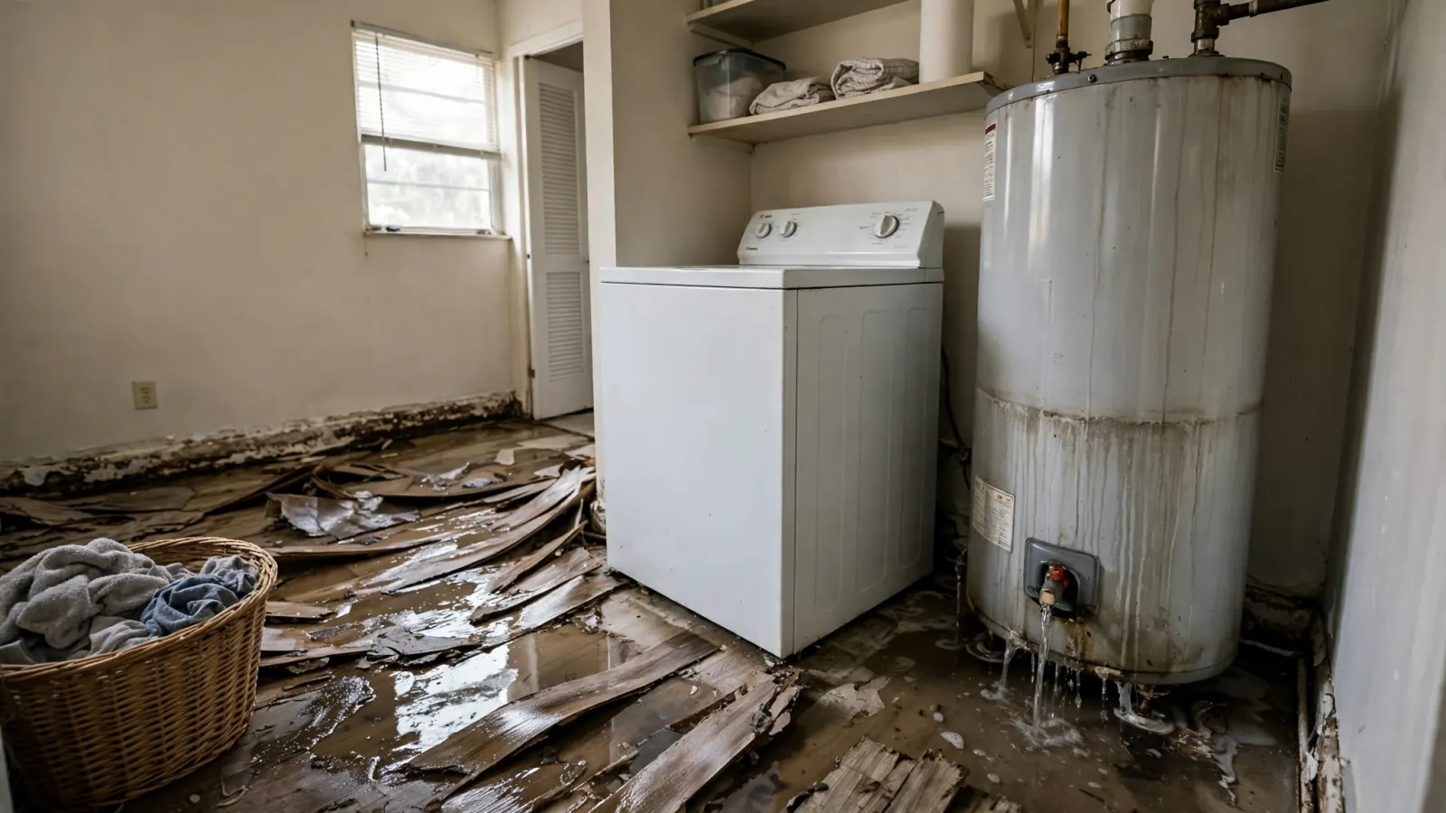 Before: Buckled flooring around a leaking water heater and washer