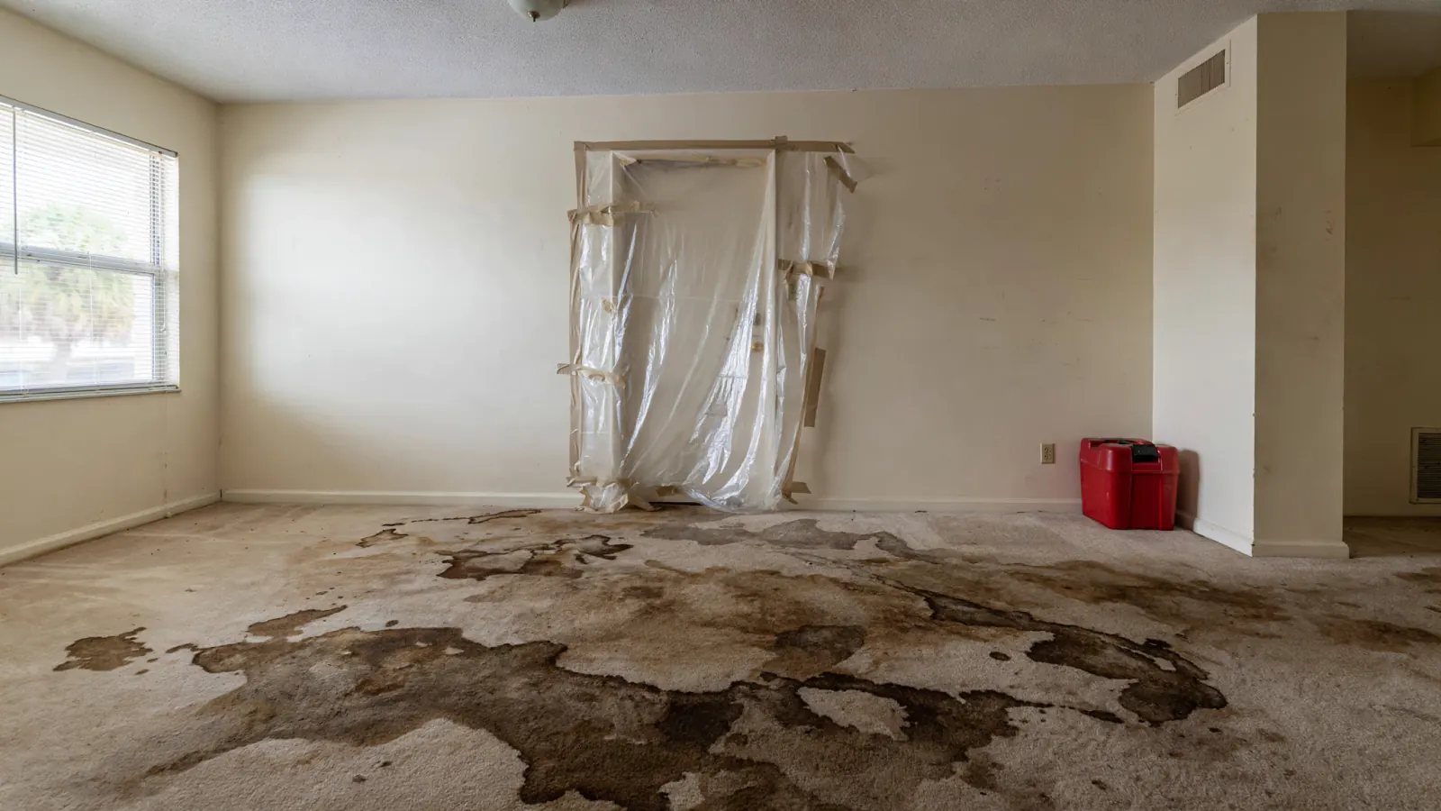 Before: Stained carpet in an empty room with plastic sheeting over the doorway
