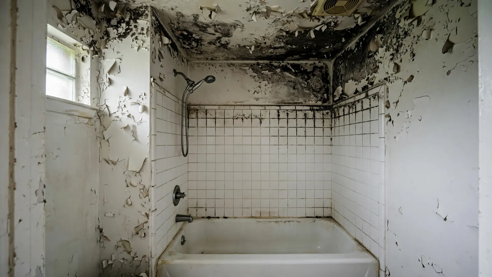 Before: Heavy black mold across a bathroom ceiling and walls above the tub