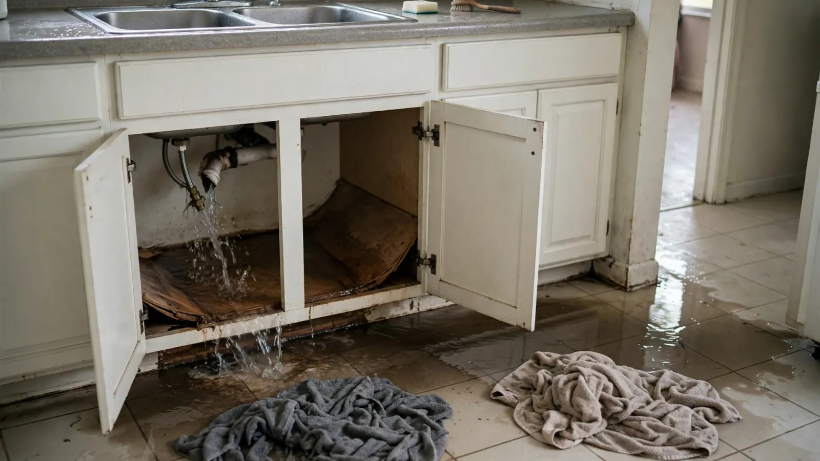 Before: Water pouring from a burst pipe under a kitchen sink cabinet