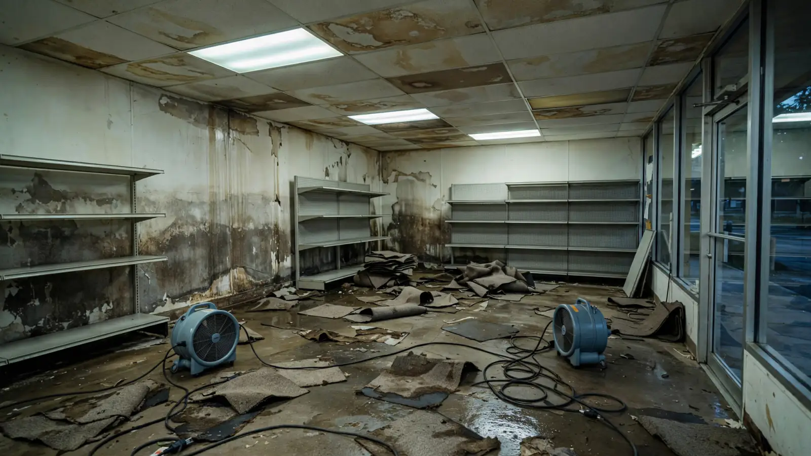 Before: Flooded retail space with damaged ceiling tiles and air movers