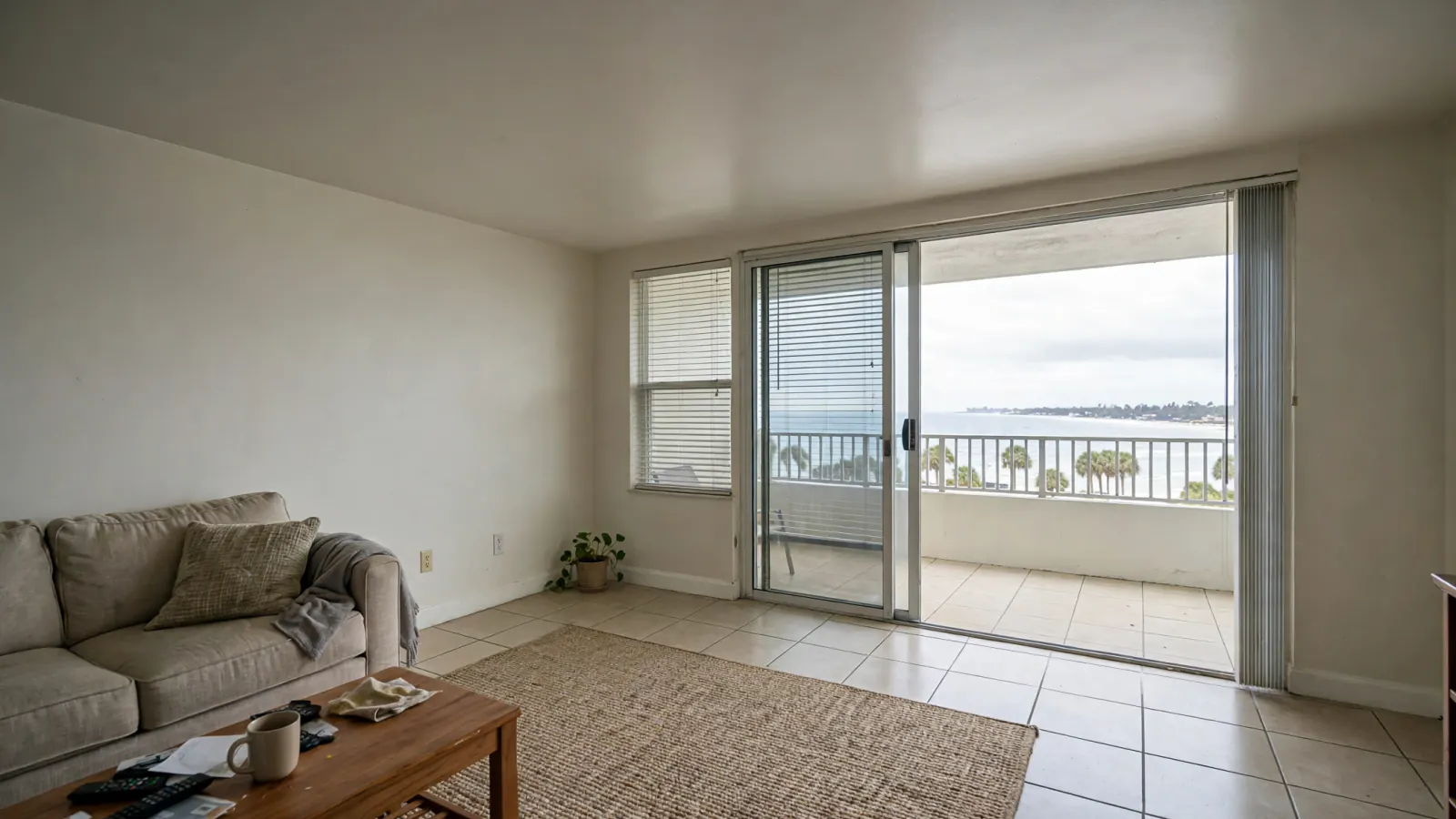 After: The same condo living room with a repaired ceiling