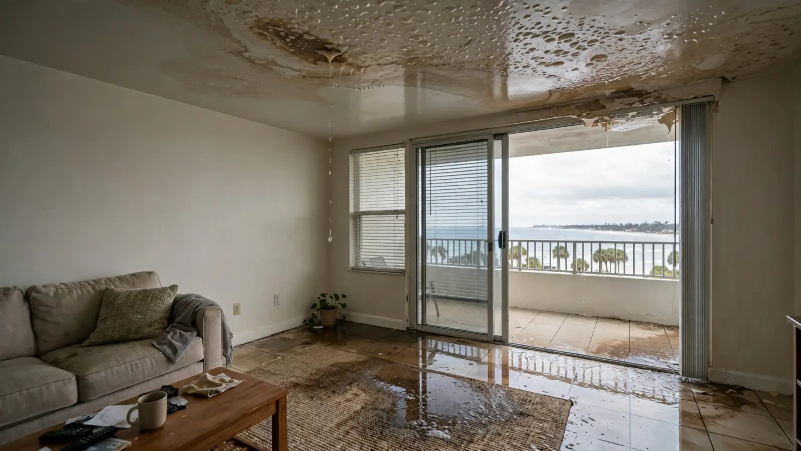 Before: Water-stained, sagging ceiling and wet floor in an oceanfront condo