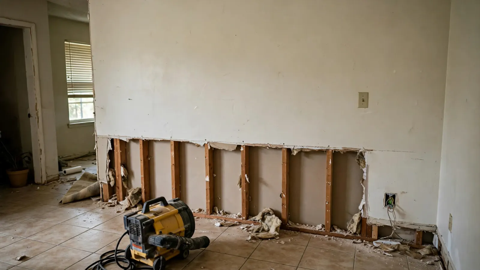 Before: Lower drywall cut away to expose wet studs, with a dehumidifier running