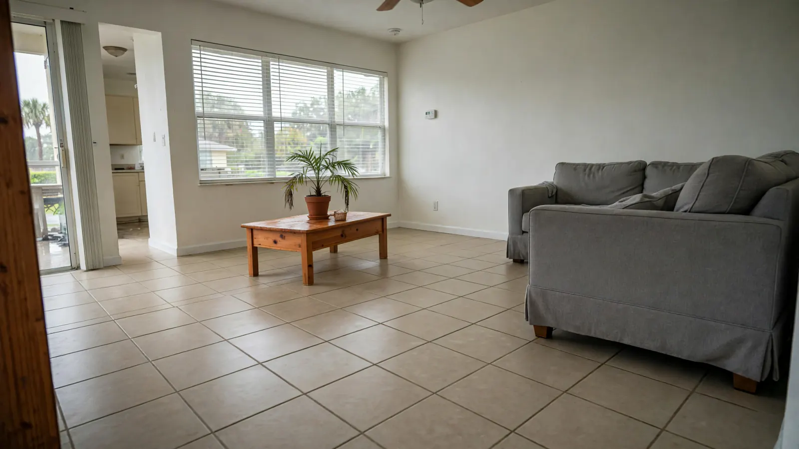 After: The same living room with a dry tile floor after extraction