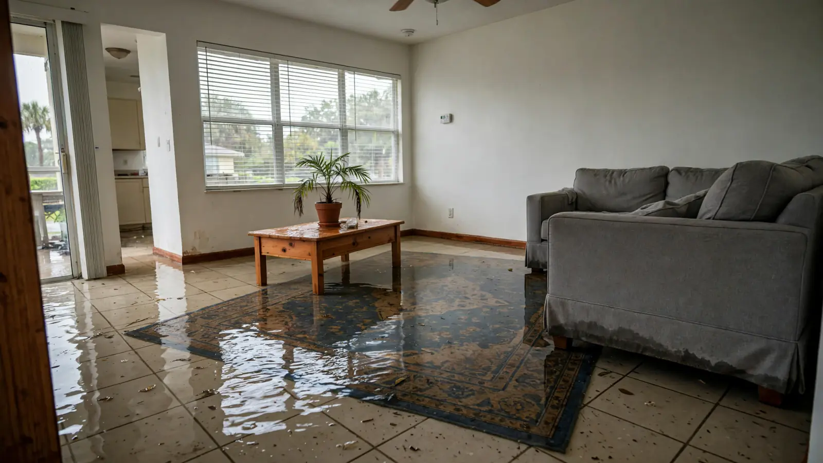 Before: Standing water across a tile living room floor and a soaked rug