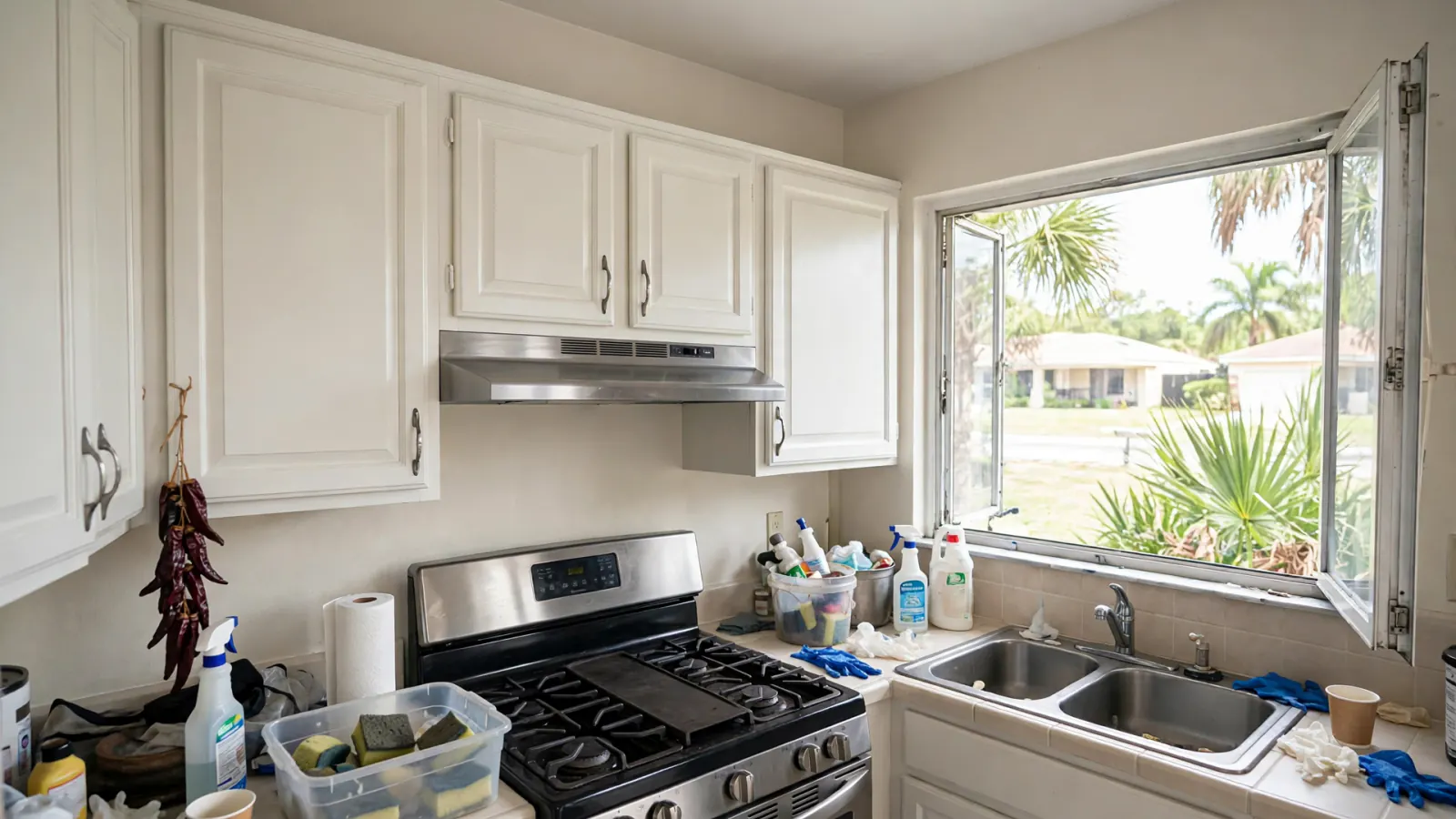 After: The same kitchen with clean white cabinets and a new range hood