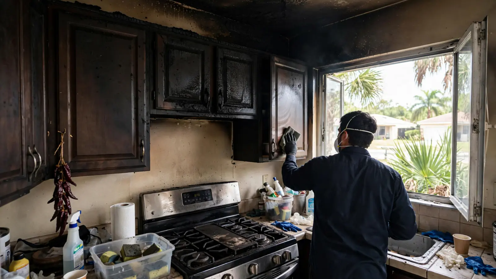 Before: Soot-blackened kitchen cabinets and ceiling after a stove fire