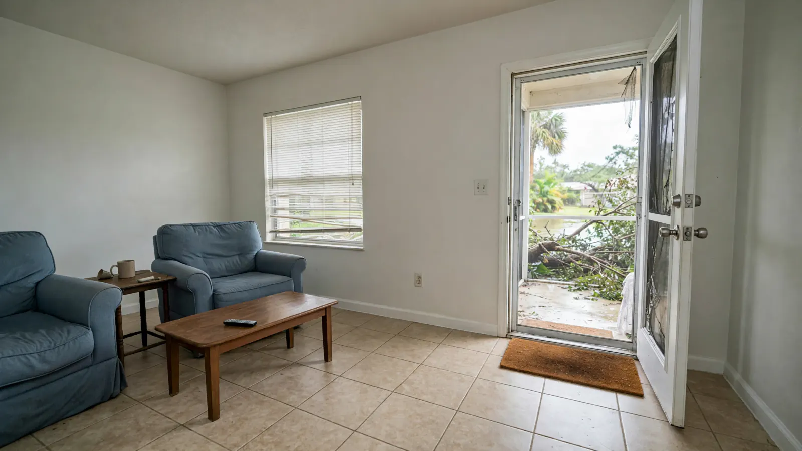 After: The same living room cleaned and repaired
