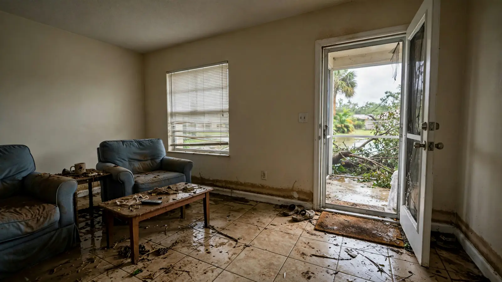 Before: Mud and debris across a living room floor after storm flooding