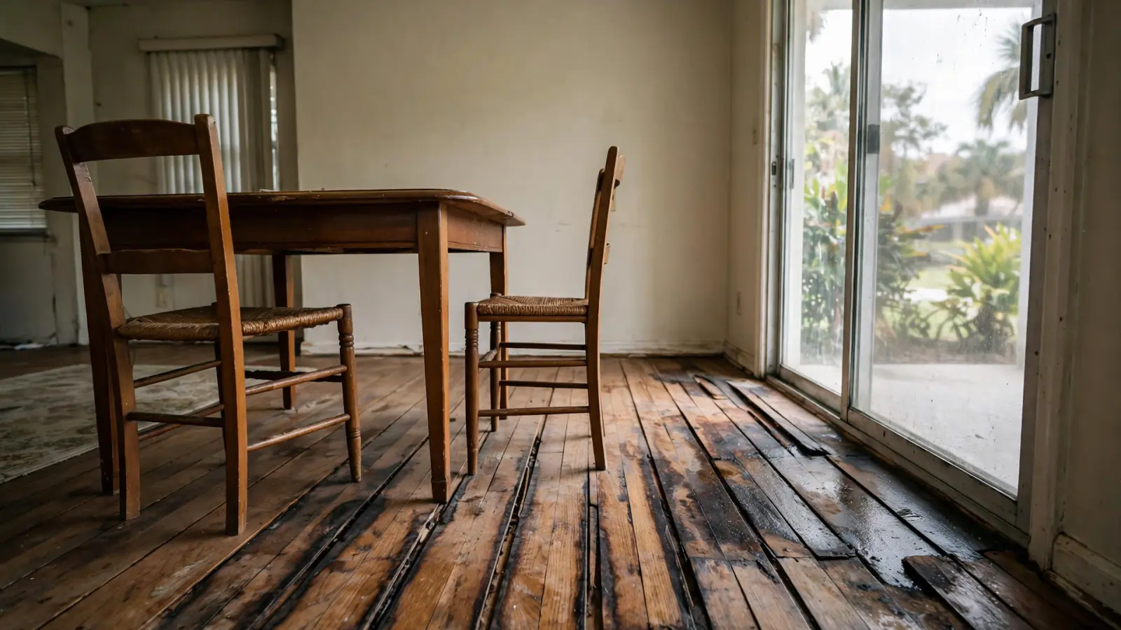 Before: Cupped, water-damaged hardwood boards in a dining room