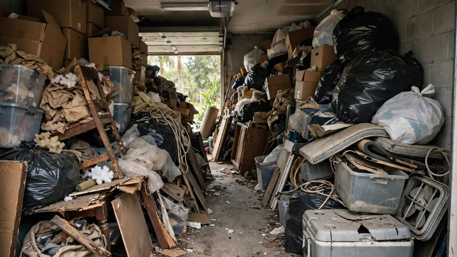 Before: Garage packed with boxes, bags and broken furniture