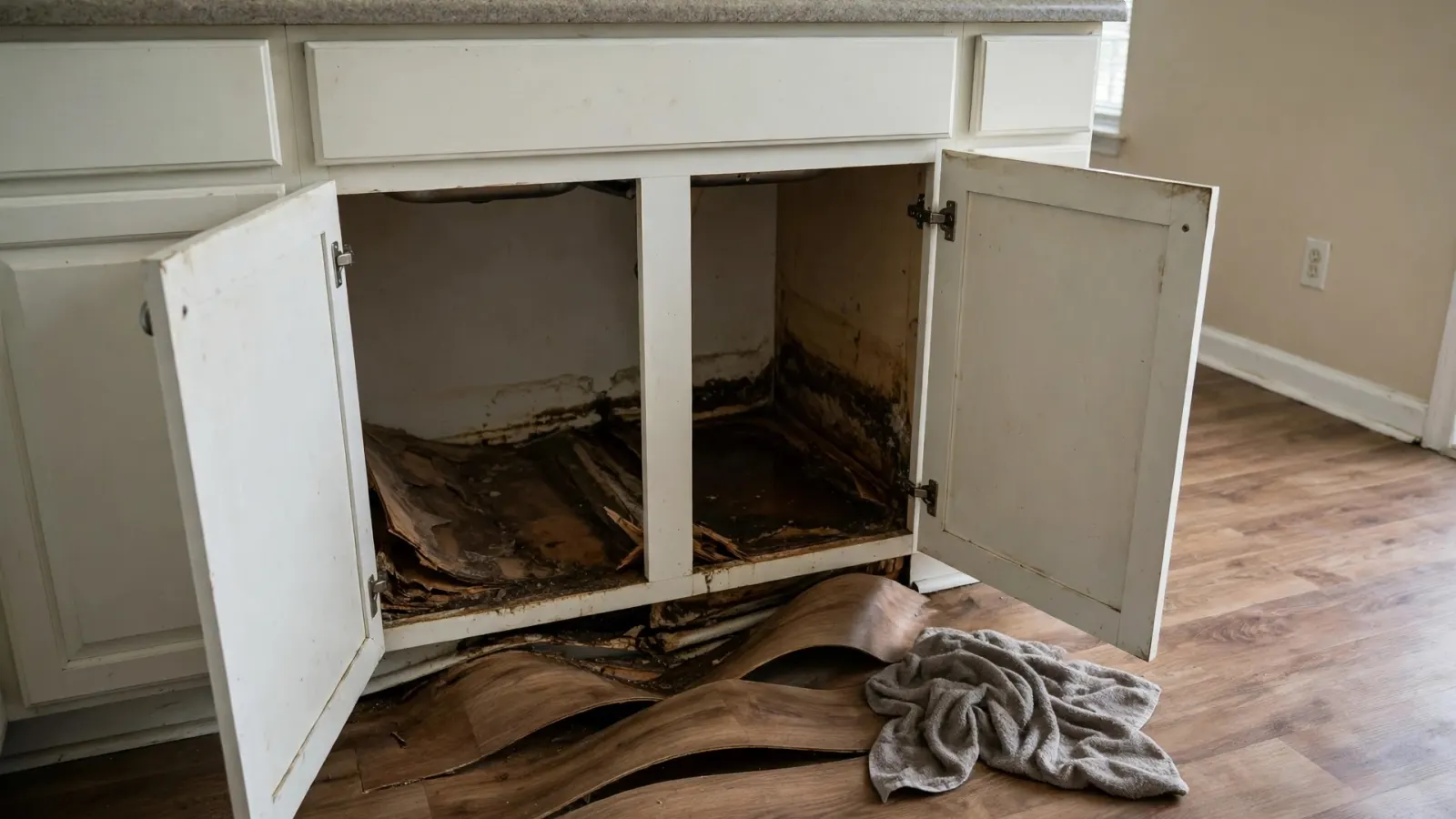Before: Delaminated sink cabinet floor and buckled flooring in a kitchen
