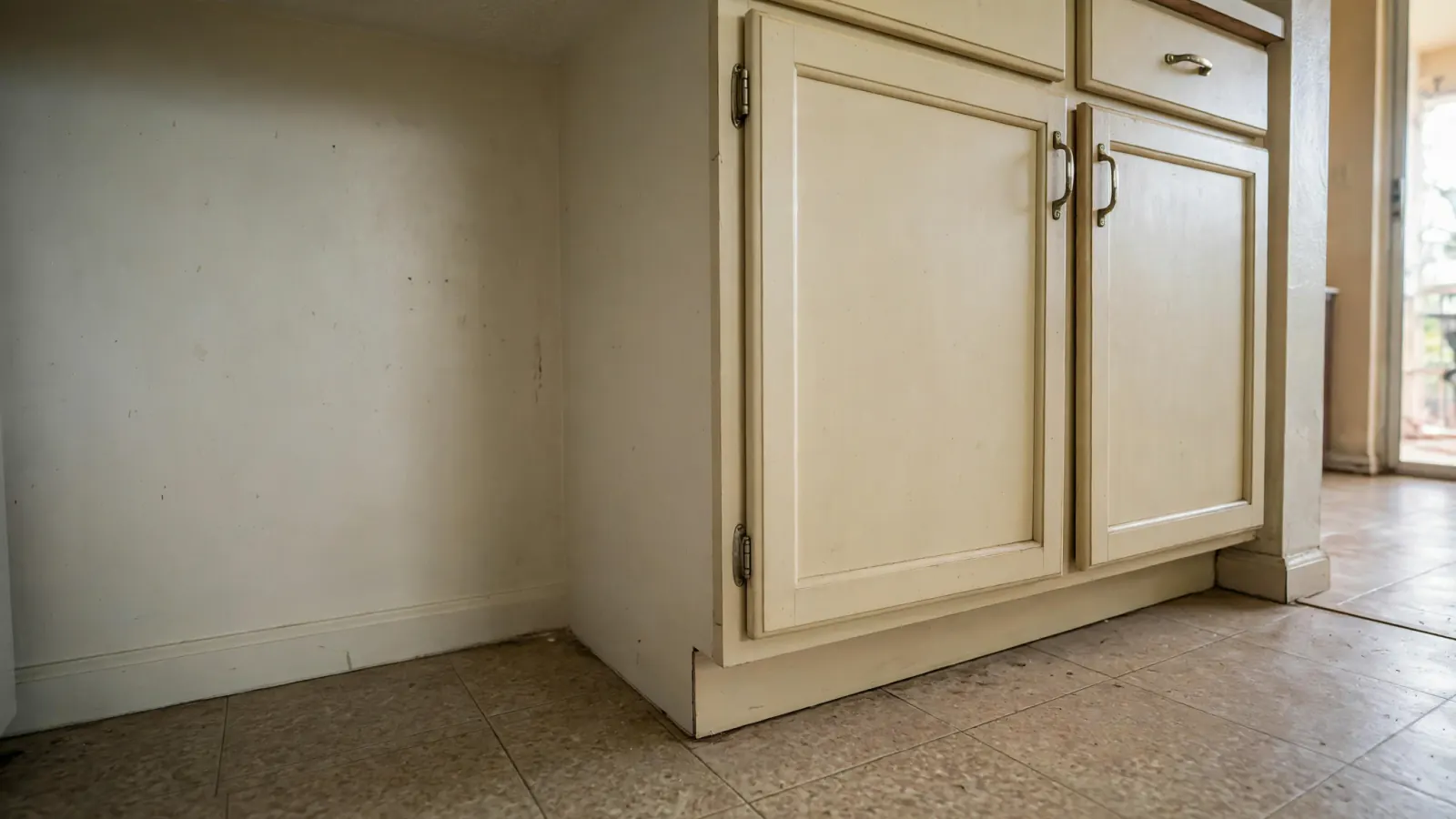 After: The same cabinet base and wall dried and repaired